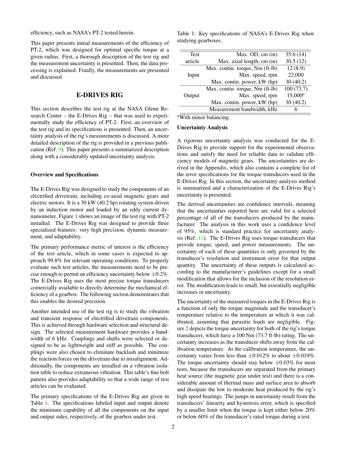 Page 2 de l'original anglais : corps de texte sur deux colonnes, la section E-DRIVES RIG et le tableau 1 (spécifications du banc d'essai)