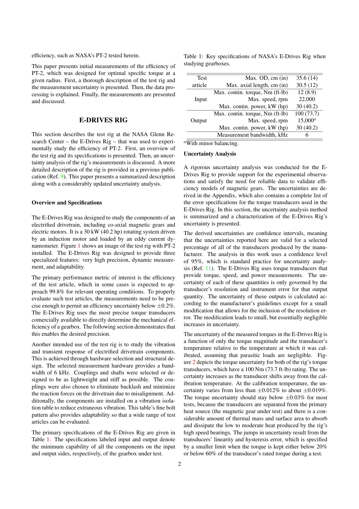 Page 2 de l'original anglais : corps de texte sur deux colonnes, la section E-DRIVES RIG et le tableau 1 (spécifications du banc d'essai)