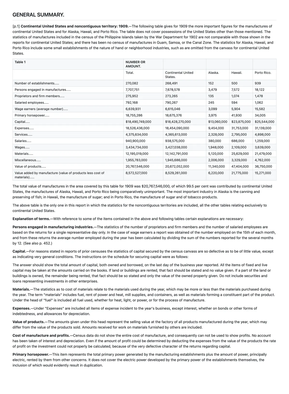 Le Markdown extrait rendu : le titre GENERAL SUMMARY., les paragraphes du corps de texte avec des titres en gras, et un tableau de données avec les colonnes Total, Continental United States, Alaska, Hawaii et Porto Rico.